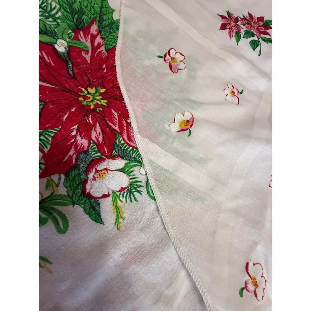 Vintage Christmas Poinsettia Cotton Oblong Tablecloth Holiday Farmhouse 60 X 80